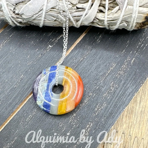 Rainbow chakra healing crystal chunky donut silver statement necklace - Picture 1 of 1